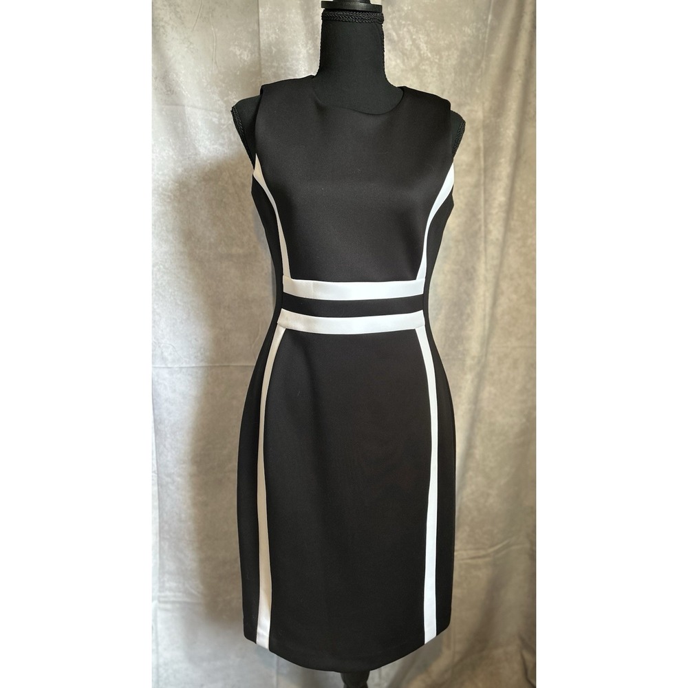 Calvin Klein Sheath Dress Womens 6 Black White Colorblock Sleeveless Career